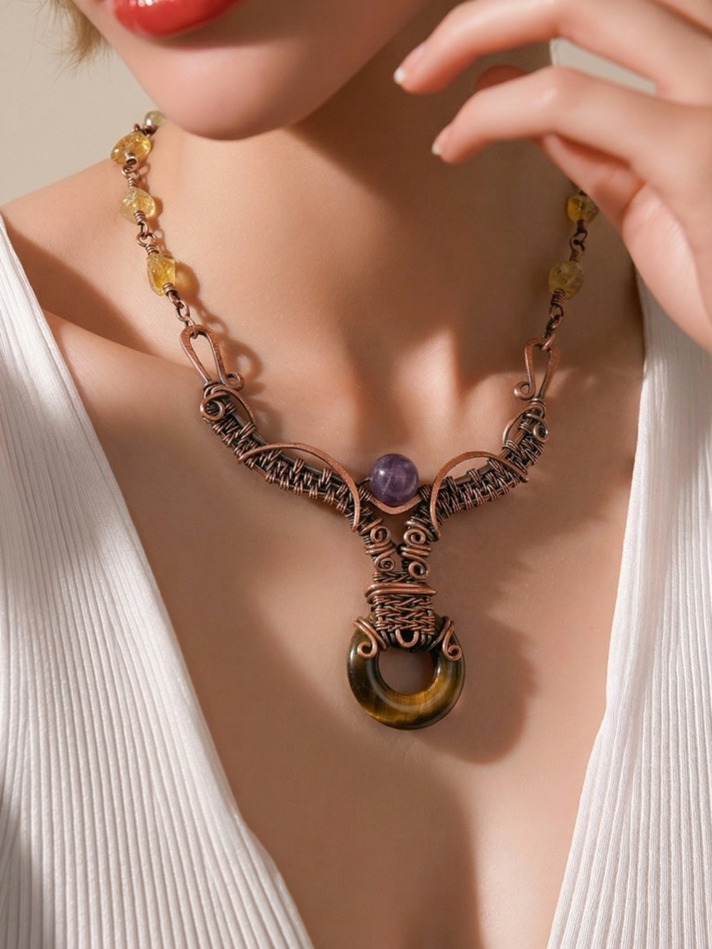Hand Wrapped Tiger’s Eye, Amethyst & Citrine Artisan Copper Statement Necklace ✨